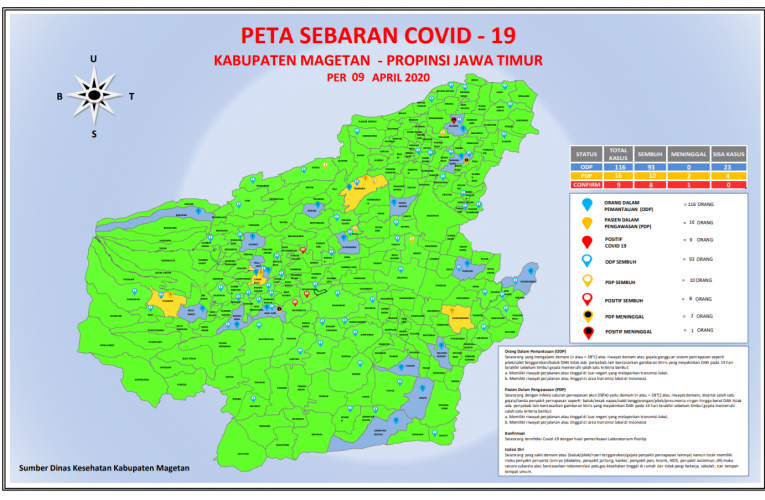 Update terbaru Peta Sebaran Covid-19 di kabupaten Magetan per Kamis, 9 April 2020.