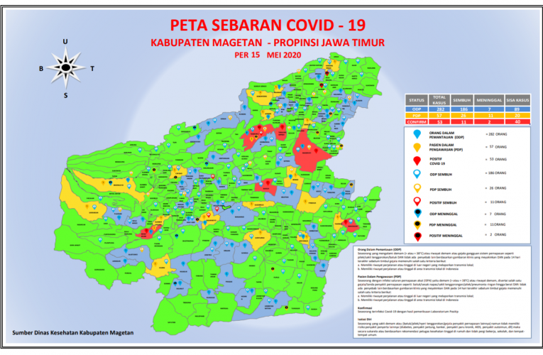 Update terbaru Peta Sebaran Covid-19 di kabupaten Magetan per Jumat, 15 Mei 2020.