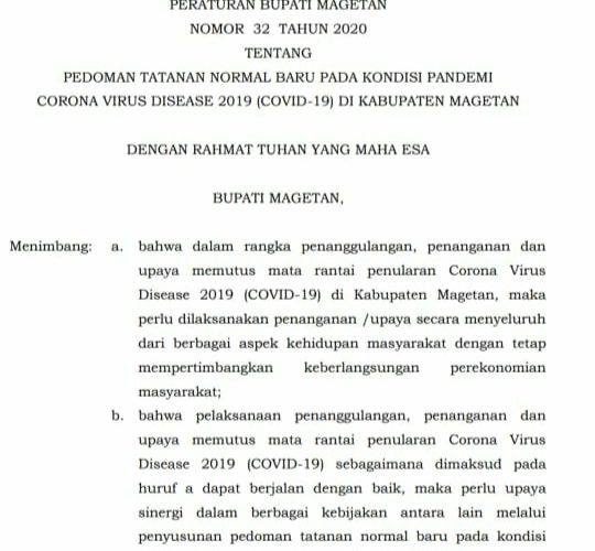 Hadapi New Normal Bupati Terbitkan Peraturan Bupati tentang Pedoman Tatanan Kehidupan Normal Baru di Tengah Pandemi Covid 19 di Magetan