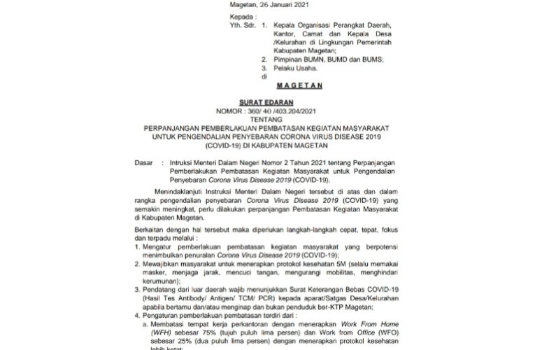 PERPANJANGAN PEMBERLAKUAN PEMBATASAN KEGIATAN MASYARAKAT UNTUK PENGENDALIAN PENYEBARAN COVID-19 DI KABUPATEN MAGETAN