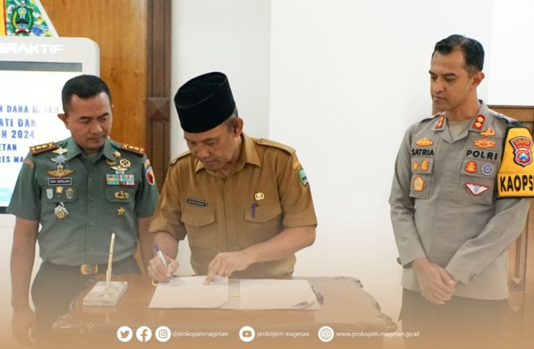 Penandatanganan HPHD Pelaksanaan Dana Hibah Pengamanan Pemilihan Bupati dan Wakil Bupati Magetan 2024 Pemkab Magetan dengan Kodim 0804/Magetan dan Polres Magetan