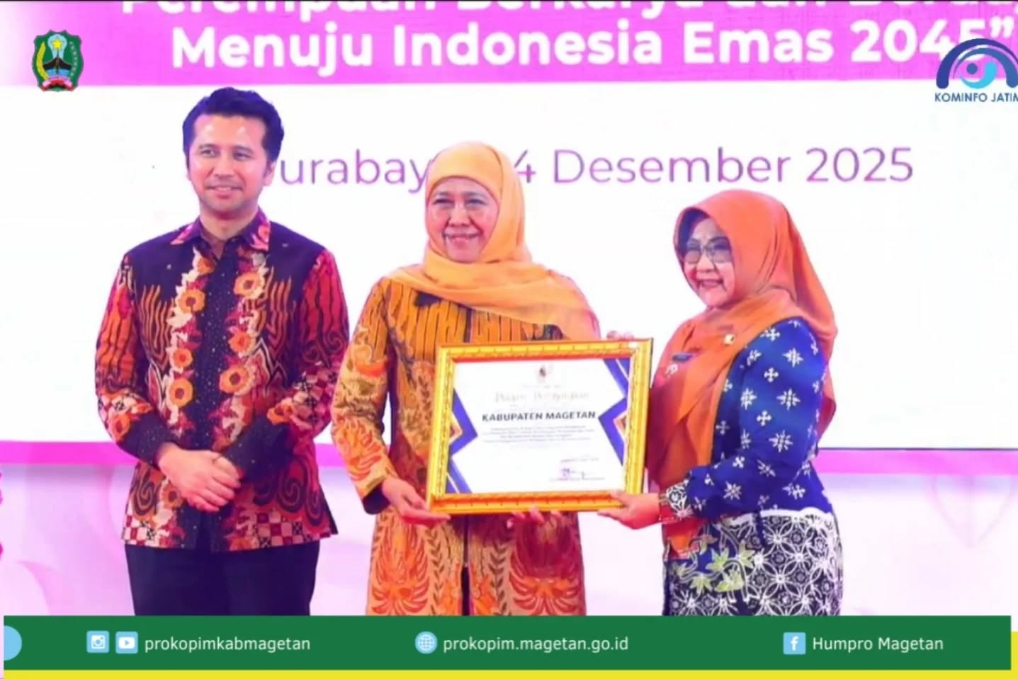 Bupati Magetan Terima Penghargaan dari Gubernur Jawa Timur atas Komitmen Perlindungan Perempuan dan Anak